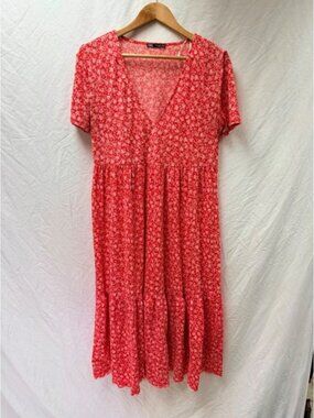 Zara Red Floral Tiered Midi Dress V-Neck Short Sleeve Ditsy Print Womens Small